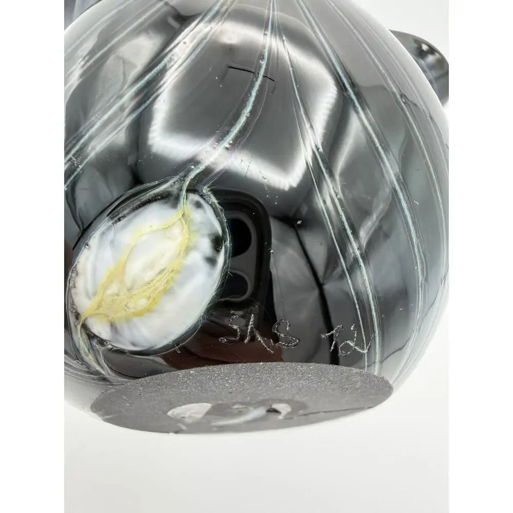 Hand Blown Black Glass Creamer Pitcher 3” Pulled Feather Design Signed Dated ‘72